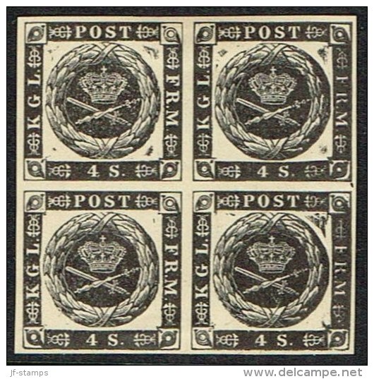 1854. Dotted Spandrels. 4 Skilling Brown. Blackprint. From Plate IV. Scarce 4-Block. On... (Michel: 4) - JF165984 - Used Stamps