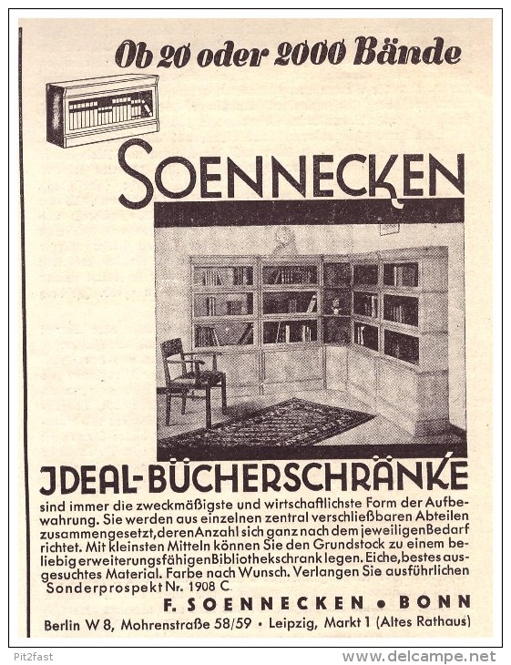 Original Werbung - 1930 - Soennecken , Bücherschränke , Schrank , Möbel , Bonn , Leipzig !!! - Autres & Non Classés