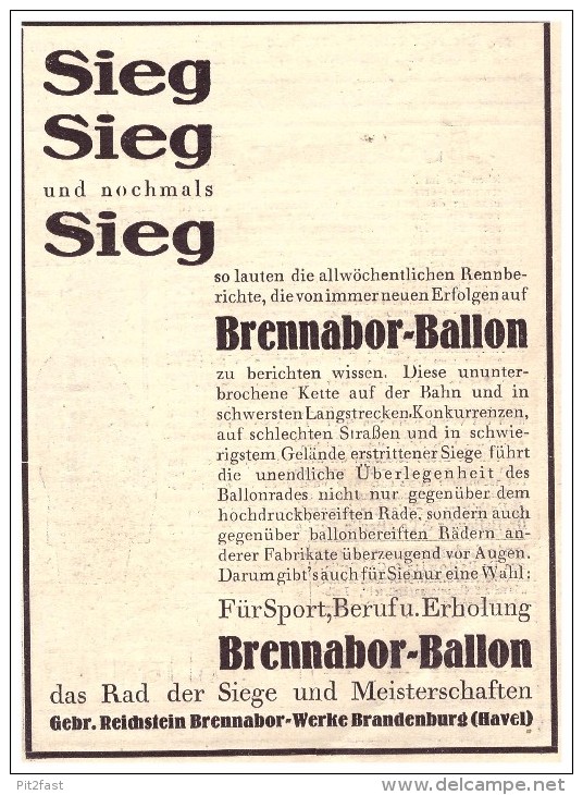 Original Werbung - 1930 - Brennabor-Ballon , Sieg , Sieg ...  Gebr. Reichstein In Brandenburg A. Havel !!! - KFZ
