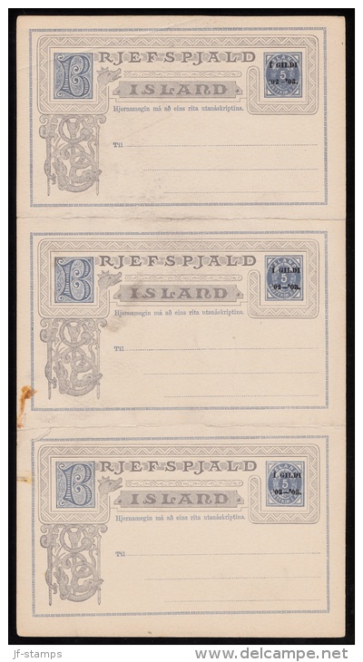 1902-1903. Í GÍLDÍ 5 AUR Sheet With 3 BRJEFSPJALD. Folds But Scarce. (Michel: ) - JF103041 - Entiers Postaux