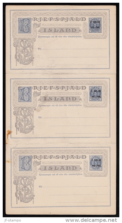 1902-1903. Í GÍLDÍ 5 AUR Sheet With 3 BRJEFSPJALD. Folds But Scarce. (Michel: ) - JF103041 - Postal Stationery