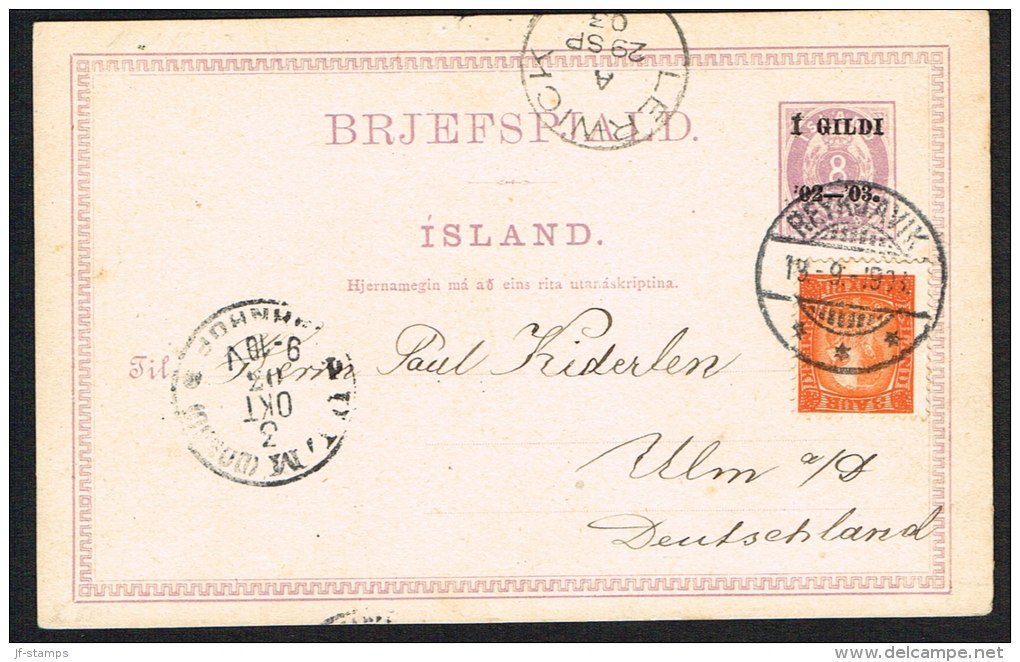 1903. I GILDI ´02 - ´03 8 Aur BRJEFSPJALD Franked With 3 Aur Chr. IX From REYKJAVIK 19.... (Michel: ) - JF104585 - Postal Stationery