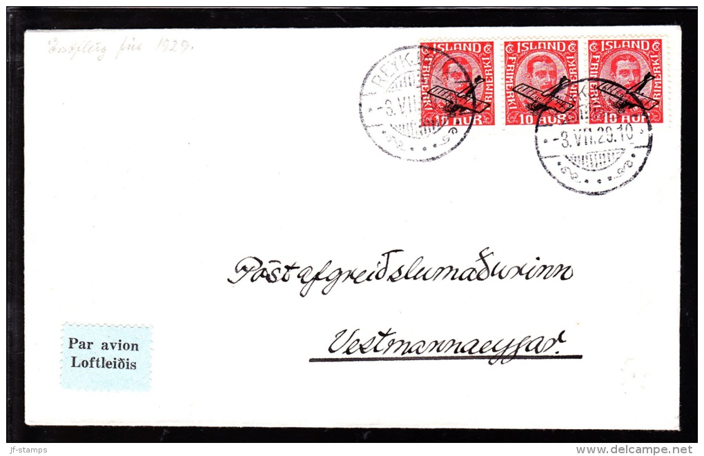 1929. Air Mail. Overprint. Aeroplane On 10 Aur Red King Christian X In Strip Of 3. REYK... (Michel: 122) - JF103771 - Airmail