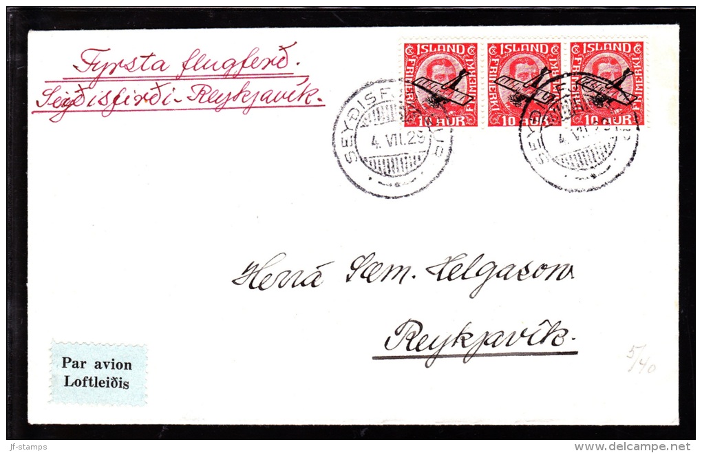 1929. Air Mail. Overprint. Aeroplane On 10 Aur Red King Christian X In Strip Of 3. Firs... (Michel: 122) - JF103775 - Poste Aérienne