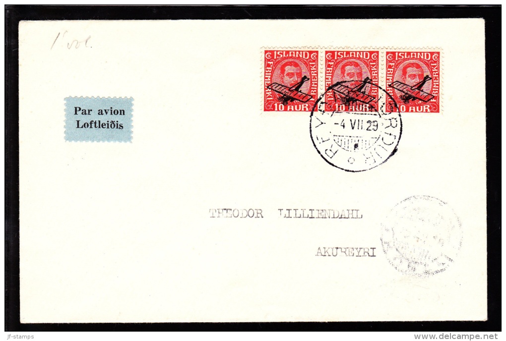 1929. Air Mail. Overprint. Aeroplane On 10 Aur Red King Christian X In Strip Of 3. Firs... (Michel: 122) - JF103776 - Airmail