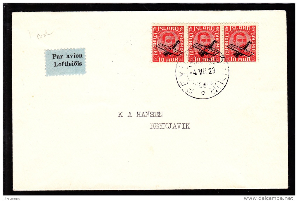 1929. Air Mail. Overprint. Aeroplane On 10 Aur Red King Christian X In Strip Of 3. Firs... (Michel: 122) - JF103777 - Poste Aérienne