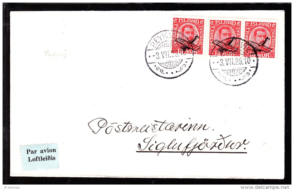 1929. Air Mail. Overprint. Aeroplane On 10 Aur Red King Christian X In Strip Of 3. REYK... (Michel: 122) - JF103770 - Luftpost