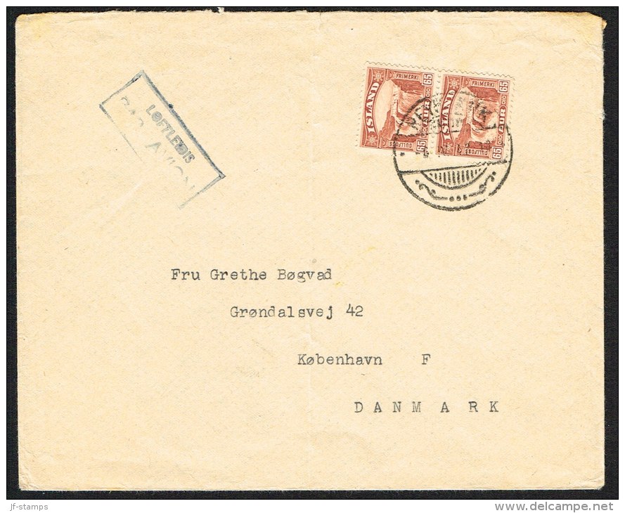 1932. Gullfoss. 65 Aur Brown In Pair Sent PAR AVION To Danmark . REYKJAVIK 6. IV. 43. (Michel: 154) - JF104553 - Storia Postale