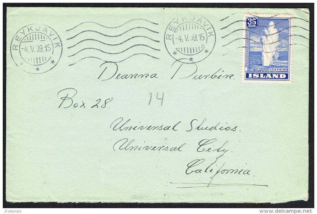 1938. Geysir. 35 Aur Ultramarine On Cover To Deanna Durbin, Universal Studies, Californ... (Michel: 195) - JF104551 - Storia Postale