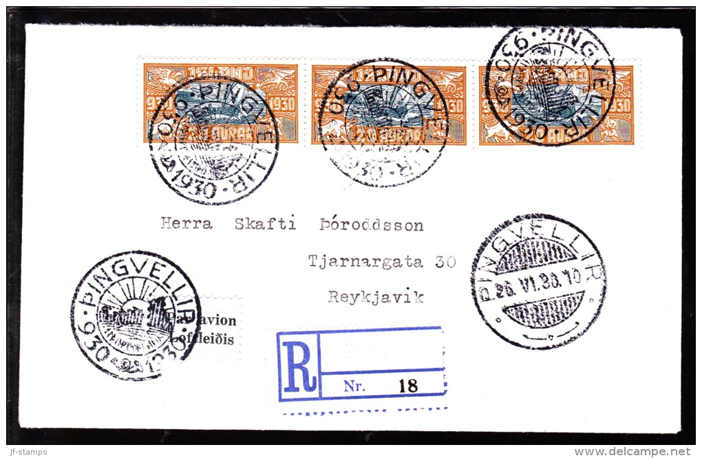 1930. The Parliament. Alltinget. Air Mail. 20 Aur In Beautiful Strip-of-3 On Cover To R... (Michel: 143) - JF103938 - Storia Postale