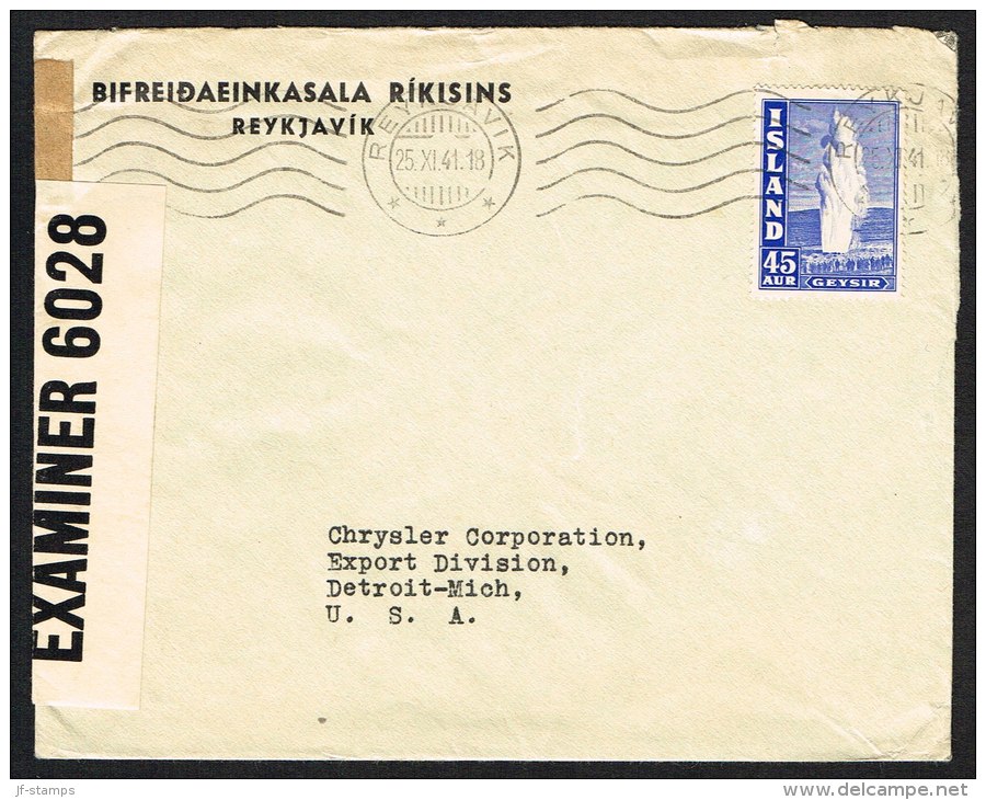 1940. Geysir. 45 Aur Blue On Censored Cover From REYKJAVIK 25. XI. 41 To USA.  (Michel: 217A) - JF104139 - Cartas & Documentos