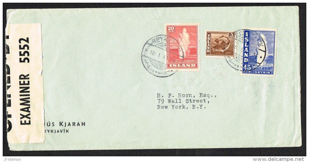 1940. Geysir. 45 Aur Blue  + 20 Aur + 5 Aur On Censored Cover From REYKJAVIK 16. I. 41 ... (Michel: 217A) - JF104162 - Covers & Documents