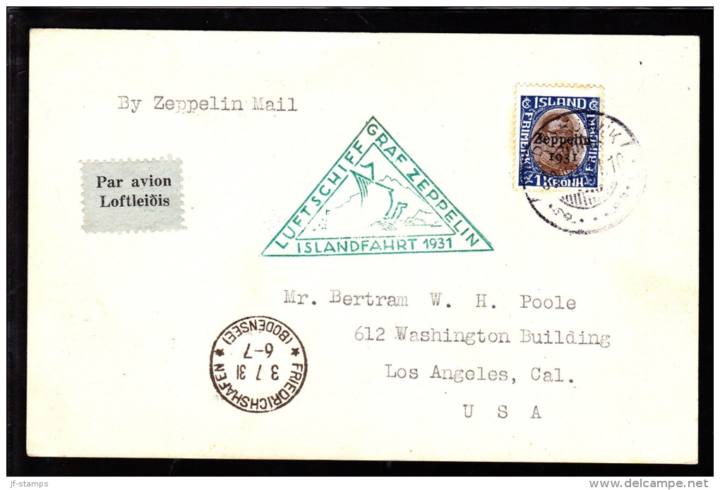 1931. Air Mail. Zeppelin. 1 Kr. Brown/blue King Christian X REYKJAVIK 30.VI.31 LUFTSCHI... (Michel: 148) - JF103936 - Poste Aérienne