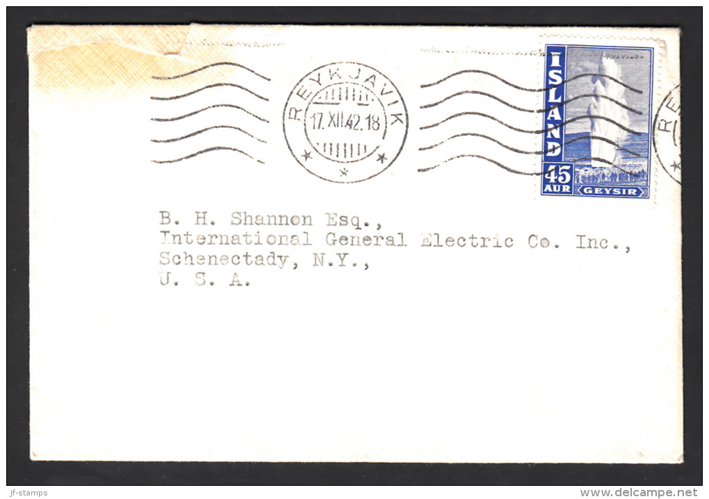 1940. Geysir. 45 Aur Blue On Small Hard Opened Cover To USA  From REYKJAVIK 17.XII.42. ... (Michel: 217A) - JF104649 - Lettres & Documents