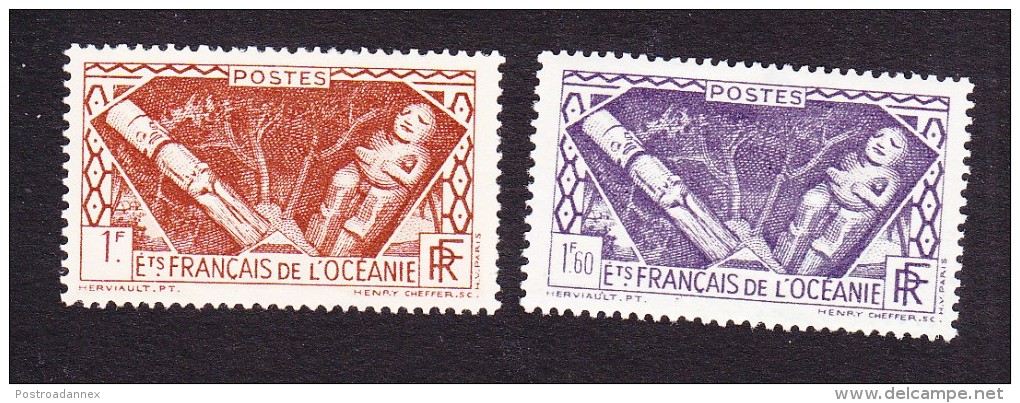 French Oceania, Scott #103,108, Mint Hinged, Idols, Issued 1934-1939 - Unused Stamps