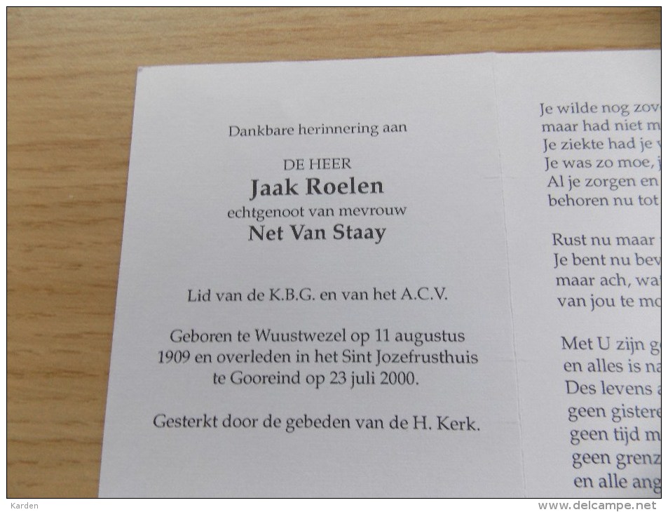 Doodsprentje Jaak Roelen Wuustwezel 11/8/1909 Gooreind 23/7/2000 ( Net Van Staay) - Religion &  Esoterik