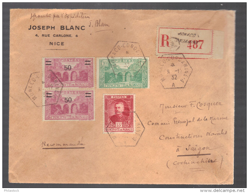 MONACO 1932  N° 97 Paire + 67 & 111 Obl. S/Lettre Entiére Recommandée Pour Saigon Cochinchine - Brieven En Documenten