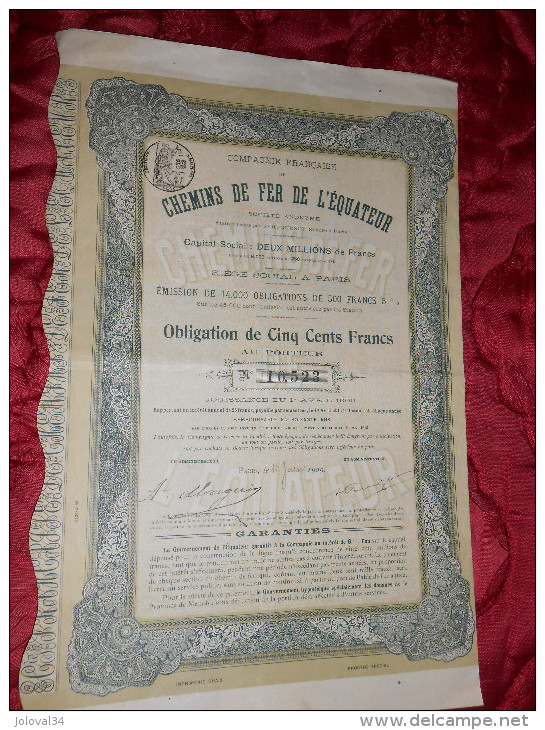 Obligation De 500 Francs Compagnie Française De CHEMINS De FER De L´ EQUATEUR Avec Coupons - Paris 1909 - Chemin De Fer & Tramway