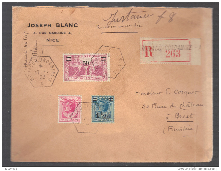 MONACO 1932  N° 97 ,105 & 100 Obl. S/Lettre Entiére Recommandée - Covers & Documents