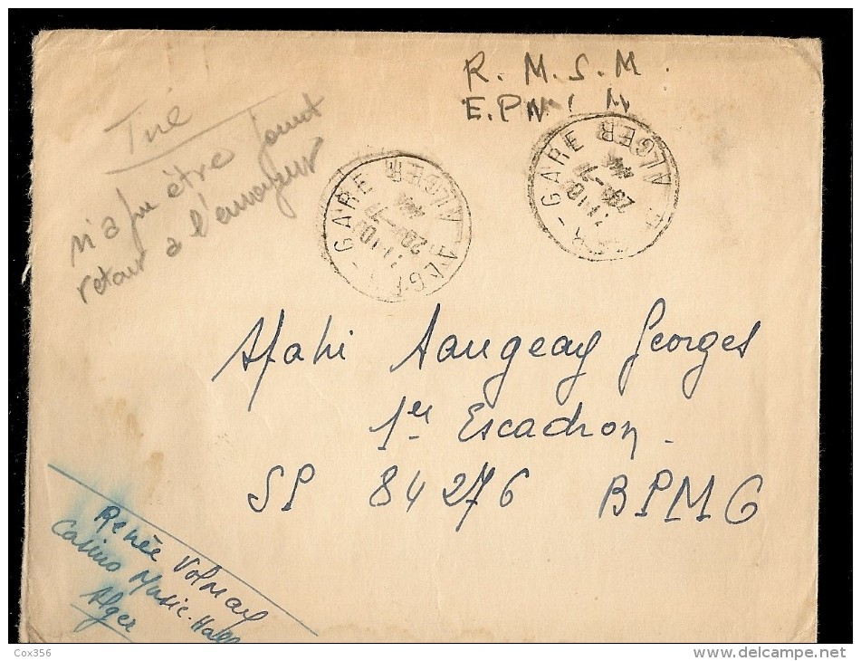 ENVELOPPE  MARCOPHILIE SPAHI SAUGEAY GEORGES  . S.P.84.276   ,F.M .Tampons. ALGER GARE1944 - Entry Postmarks