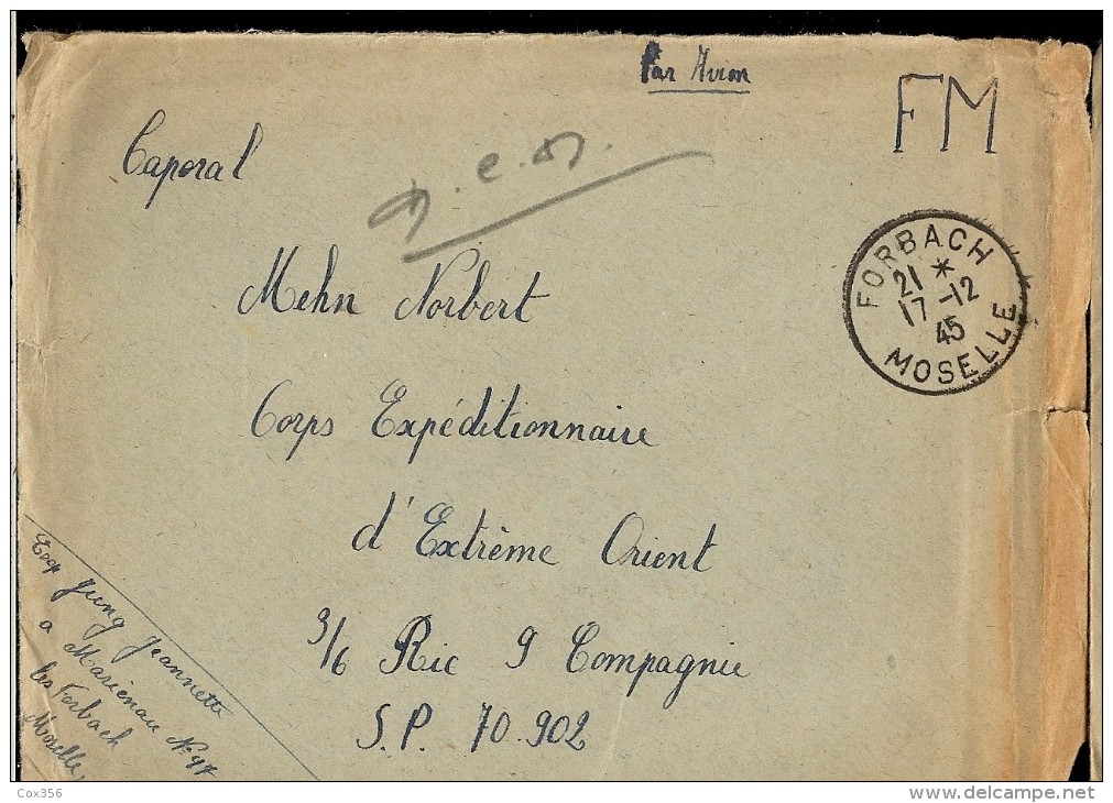 ENVELOPPE  MARCOPHILIE CAPORAL MEHN NORBERT  . S.P.70.902 ,F.M .Tampons. FORBACH  1945 - Entry Postmarks