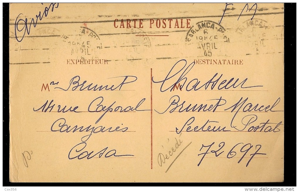 CPA  MARCOPHILIE CHASEUR BRUNET MARCEL  . S.P.72.697 ,F.M .Tampons. SARLANCA ? 1945 PAR AVION - Entry Postmarks