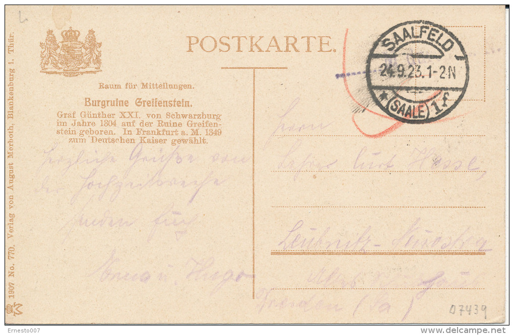 Postkarte CP Blankenburg Mit Ruine Greifenstein, 1923, Gebraucht - Siehe Scan - *) - Bad Blankenburg