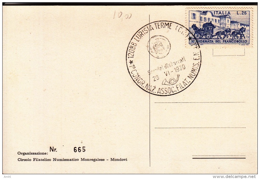 STORIA POSTALE CARTOLINA LURISIA TERME 27/29 1970-1 CONGRESSO NAZIONALE Filatelia-numismatica-TIMBRO1°giorno Emissione- - Posta