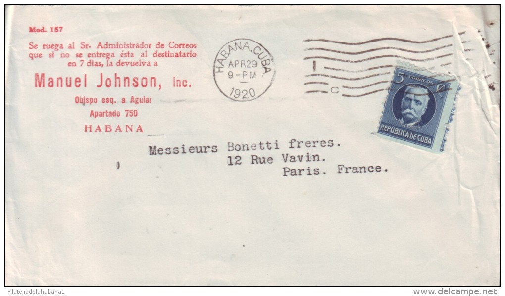1917-H-162 CUBA. REPUBLICA. 1917. PATRIOTAS. 5c. SOBRE FARMACIA JOHNSON HABANA A PARIS FRANCE. FRANCIA. 1920. - Lettres & Documents