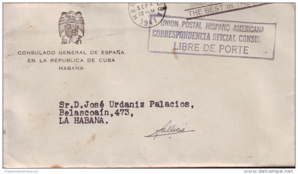 1947-H-2 CUBA. REPUBLICA. 1947. SOBRE DE CORREO OFICIAL. FRANQUICIA OFICIAL CONSULAR. CONSULADO DE ESPAÑA. CONSULATE OF - Lettres & Documents