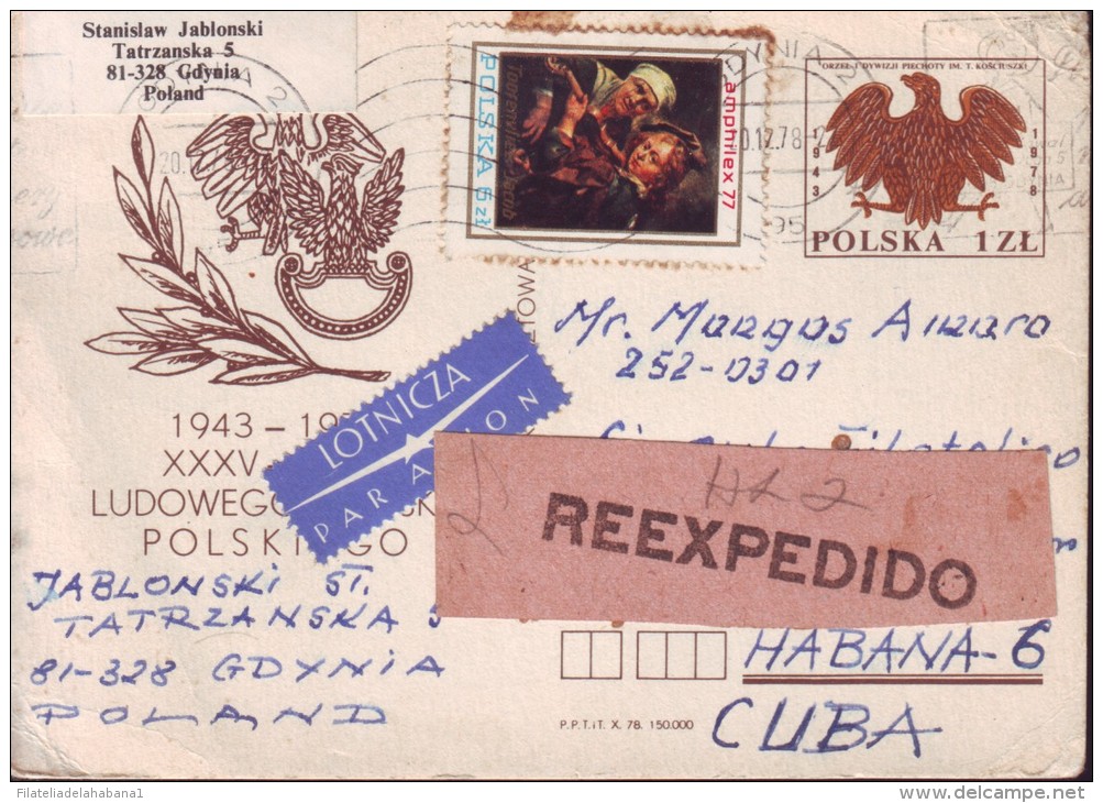 1978-H-1 UK. POLAND. 1978. TARJETA DE POLONIA A CUBA. ETIQUETA DE RETORNO. REEXPEDIDO. FORWARDED. - Storia Postale