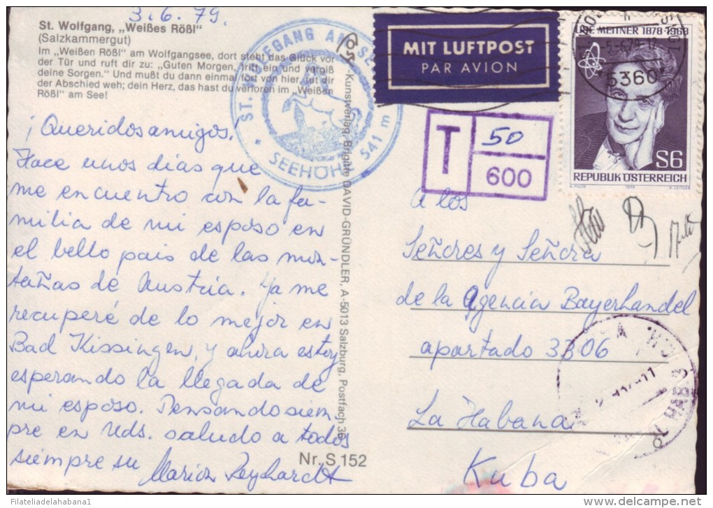 1979-H-3 AUSTRIA. 1979. TARJETA DE AUSTRIA A CUBA. MARCA TASA POR COBRAR. POSTAGE DUE. - Lettres & Documents