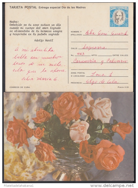 1987-EP-11 CUBA 1987. Ed.143. MOTHER DAY SPECIAL DELIVERY. POSTAL STATIONERY. FLORES. FLOWERS. VERSO: ADOLFO MARTI. USED - Ongebruikt