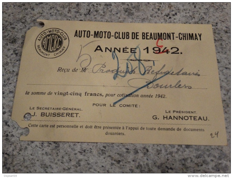 Reçu Auto-moto Club De Beaumont-Chimay 1942 - Auto's