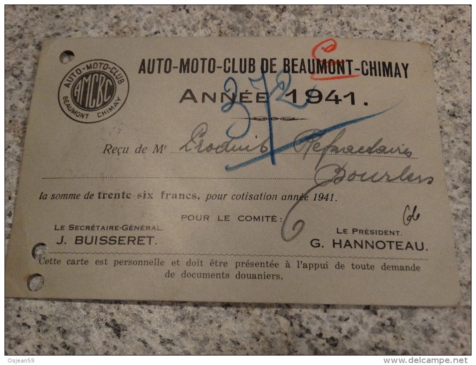 Reçu Auto-moto Club De Beaumont-Chimay 1941 - 1934-1935 Leopold III