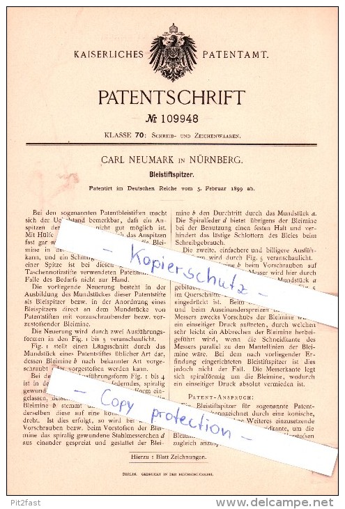 Original Patent - Carl Neumark In Nürnberg , 1899 , Bleistiftspitzer , Bleistift !!! - Sonstige & Ohne Zuordnung