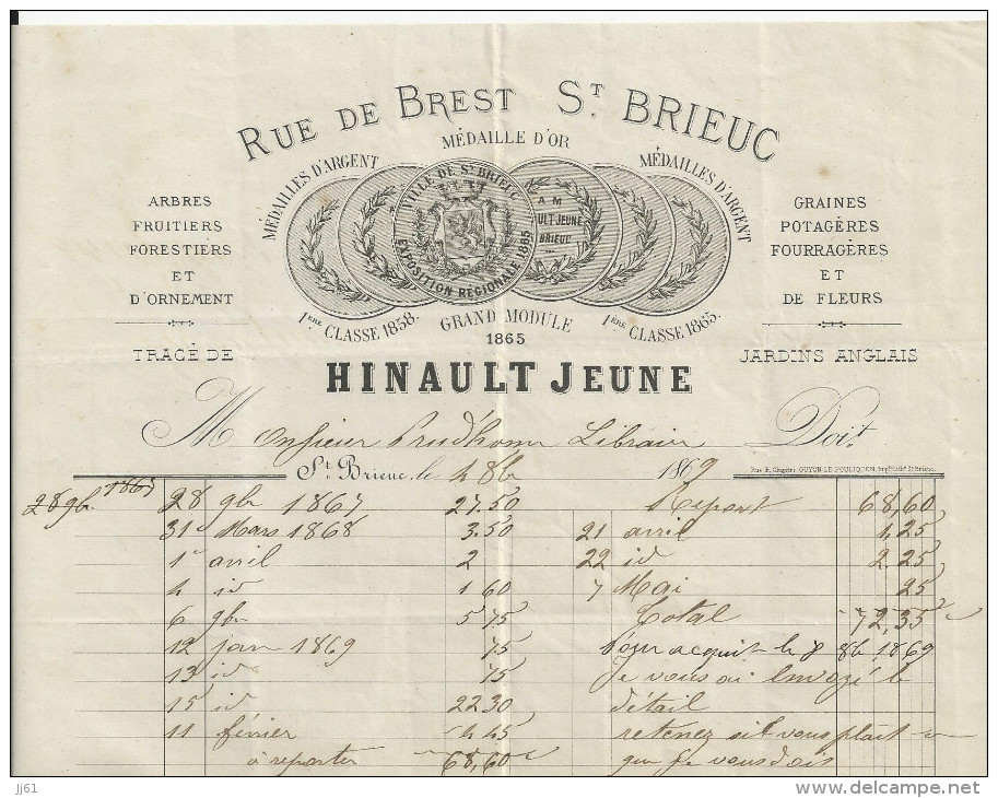 SAINT BRIEUC FACTURE ETS HINAULT JEUNE JARDINS ANGLAIS ANNEE 1869 - Other & Unclassified