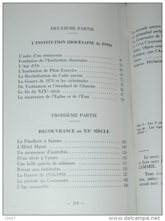 DES CORDELIERS DE PONS A RECOUVRANCE DE SAINTES A TRAVERS HUIT SIECLE D HISTOIRE SAINTONGEAISE/ AVEC SA CARTE - Archéologie