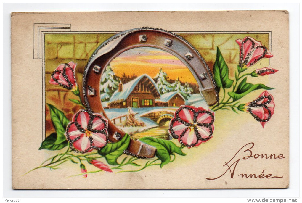 BONNE ANNEE---carte Double-Fleurs Et Fer à Cheval-Paysage De Neige Et Pont-grains De Givre  éd  MD - Nouvel An