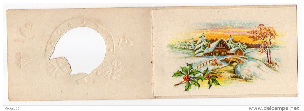 BONNE ANNEE---carte Double-Fleurs Et Fer à Cheval-Paysage De Neige Et Pont-grains De Givre  éd  MD - Nouvel An