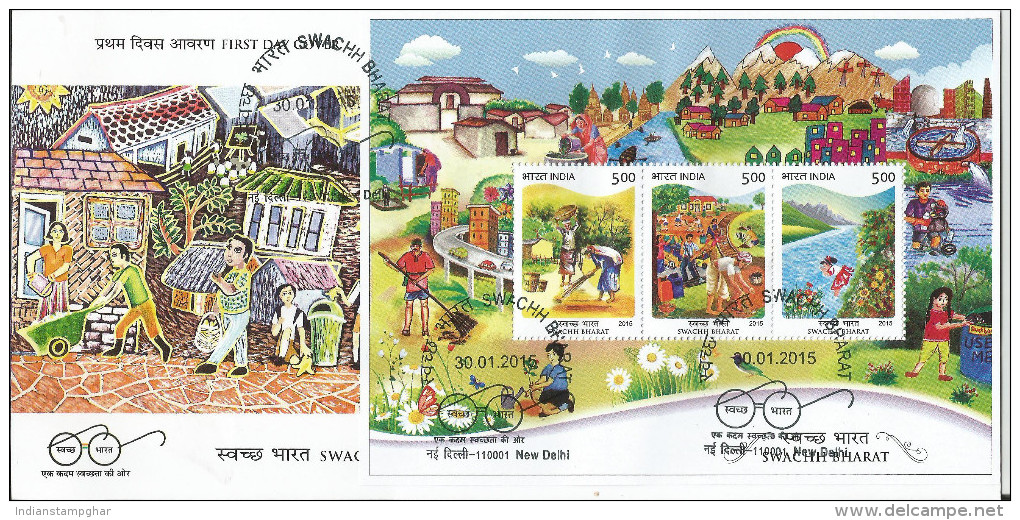 2015 , FDC With Miniature Sheet Swachh Bharat Return, India Post,First Day Cancelled, Theme Drinking Water, Sanitation - Briefe U. Dokumente