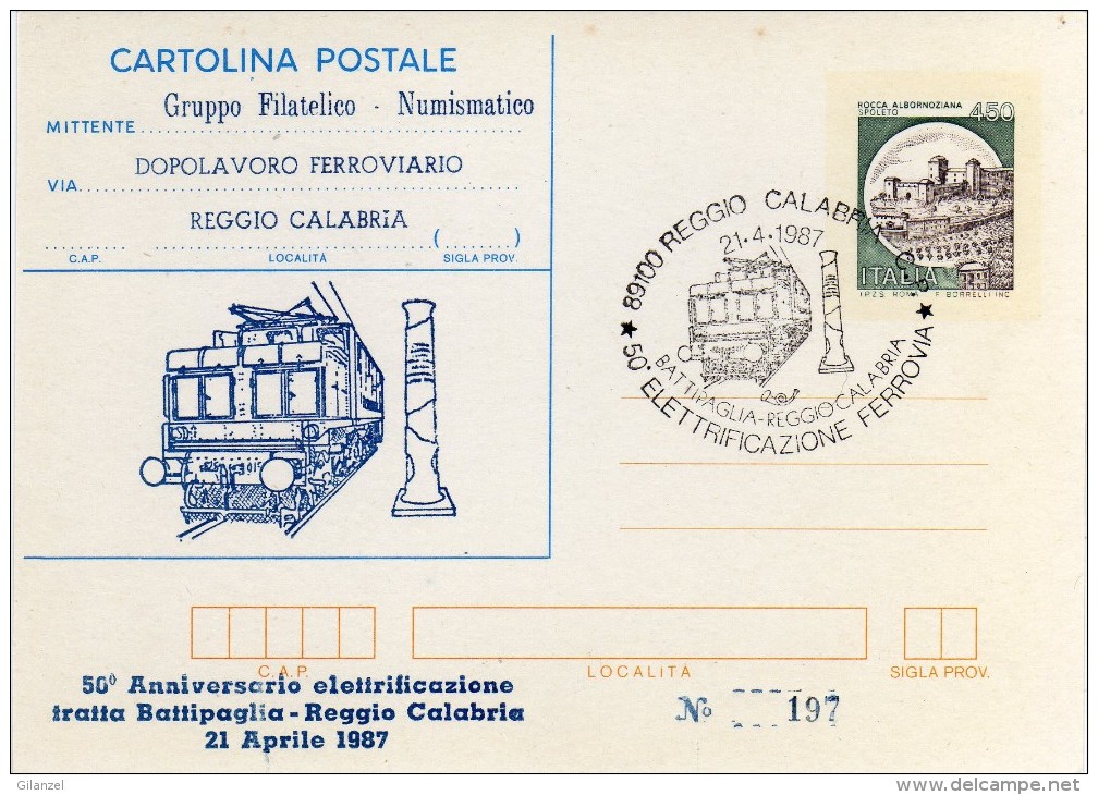 Italia 1987 Cartolina Postale Repiquage 50° Elettrificazione Ferrovia Battipaglia Reggio Calabria Treni Trains Züge - Interi Postali