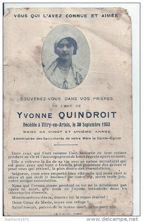 NORD PAS DE CALAIS - 62 - PAS DE CALAIS - VITRY EN ARTOIS - Carte Mortuaire - Yvonne Quindroit 1933 Véritable Photo - Vitry En Artois