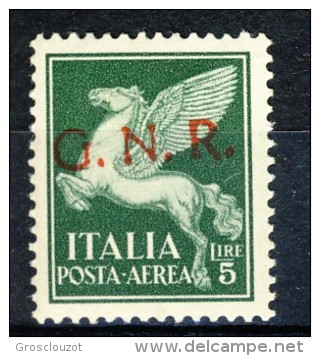 RSI 1944  - GNR, Tiratura Di Verona, Posta Aerea Sassone N. 123 Lire 5 Verde MNH Cat. &euro; 400 - Poste Aérienne