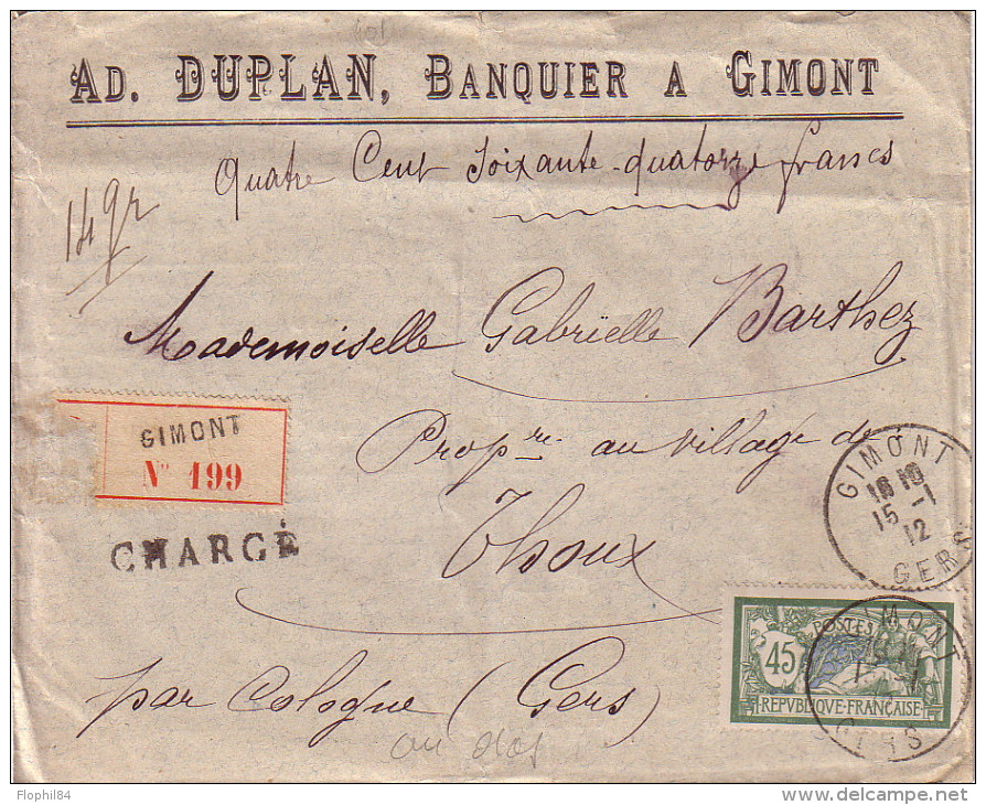 MERSON - GERS - GIMONT - 45c SEUL SUR ENVELOPPE PUB DU GERS CHARGEE ET RECOMMANDEE DU 15-1-1912 - VALEUR 474F. - Tarifs Postaux