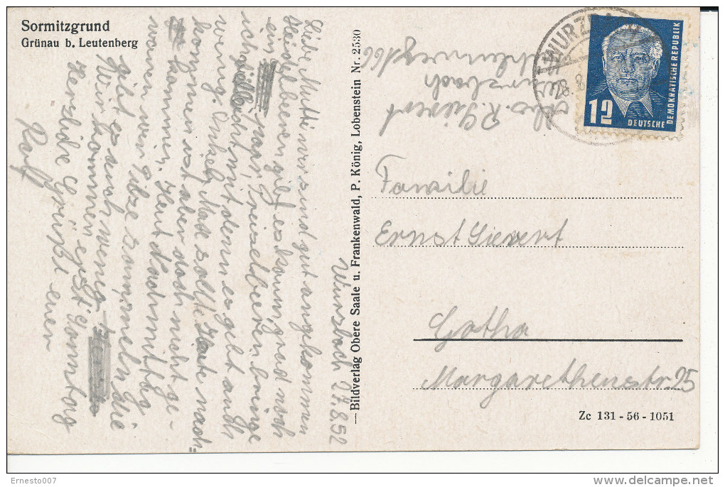 Postkarte CP Deutschland SORMITZGRUND-GRÜNAU BEI LEUTENBERG, 1952, Gebraucht - Siehe Scan - *) - Leutenberg