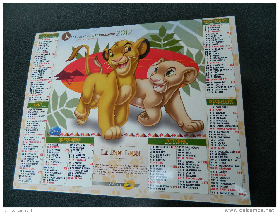 Calendrier 2012 - DISNEY - Le Livre De La Jungle - Le Roi Lion - J. CARTIER BRESSON - M18 - Tamaño Grande : 2001-...