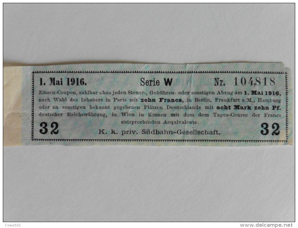 Coupon D´intérêts Payable  1 Er Mai 1916 - Autres & Non Classés