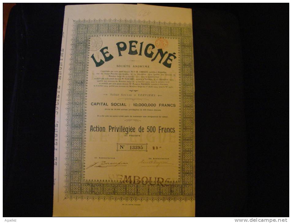 Action Privilégiée " Le Peigné " Capital Social 10 000 000F Verviers  1924.Laine,textile - Textile