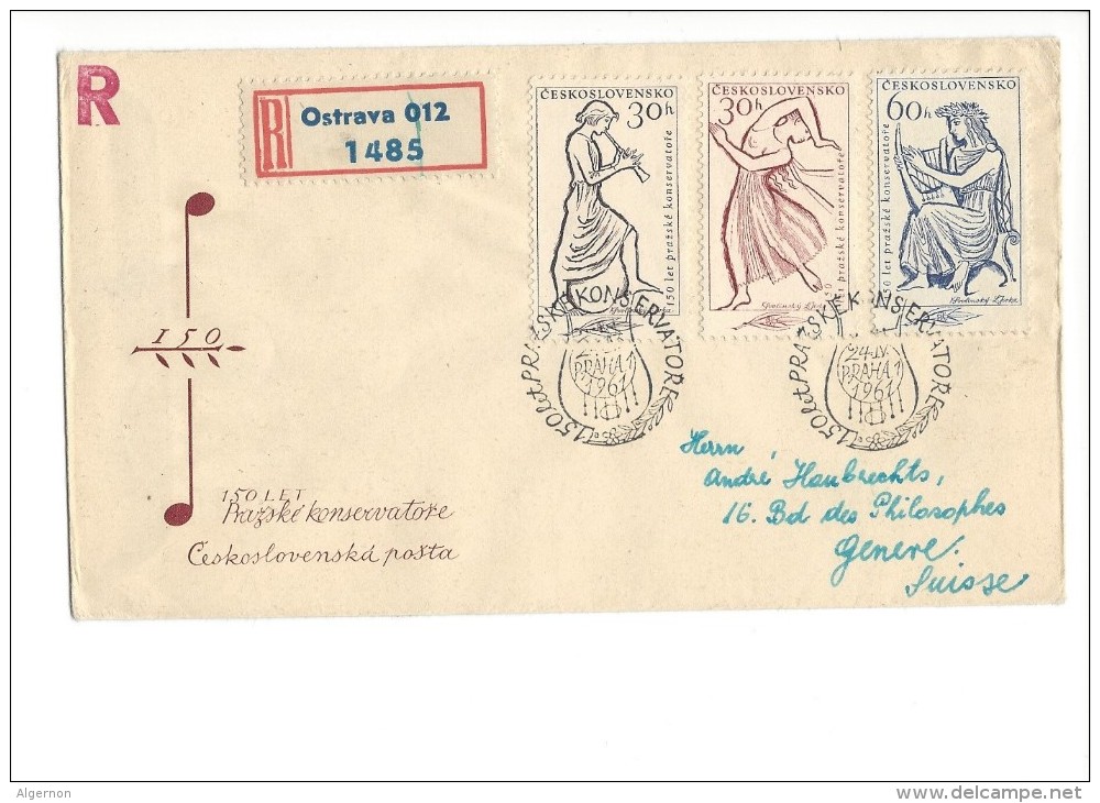 11487 - FDC Recommandé 150 Let Prazske Konservatore Ostrava Pour Genève 1961 - Lettres & Documents